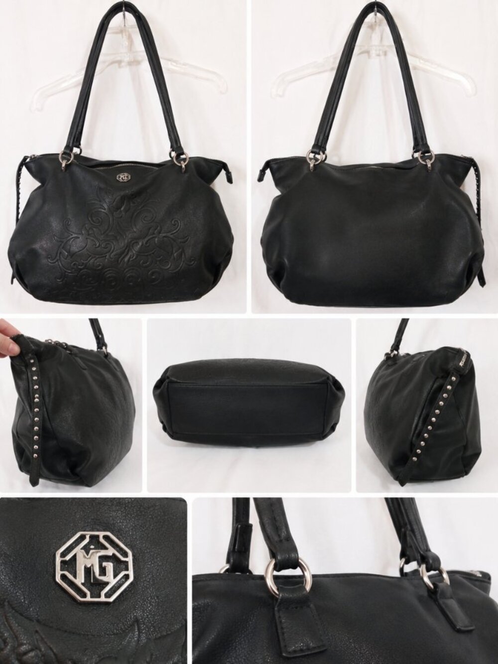 Marina Galanti Black Embossed Satchel Shoulder Bag Faux Leather Large
